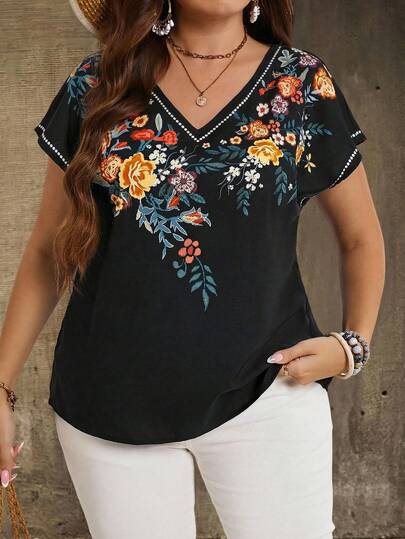 EMERY ROSE ملابس علوية رسمية قصيرة الأكمام بياقة على شكل حرف V مقاس كبير، ملابس عطلة ريفية كاجوال، بسيطة وأنيقة للارتداء اليومي، بلوزات صيفية للنساء، ملابس صيفية للنساء