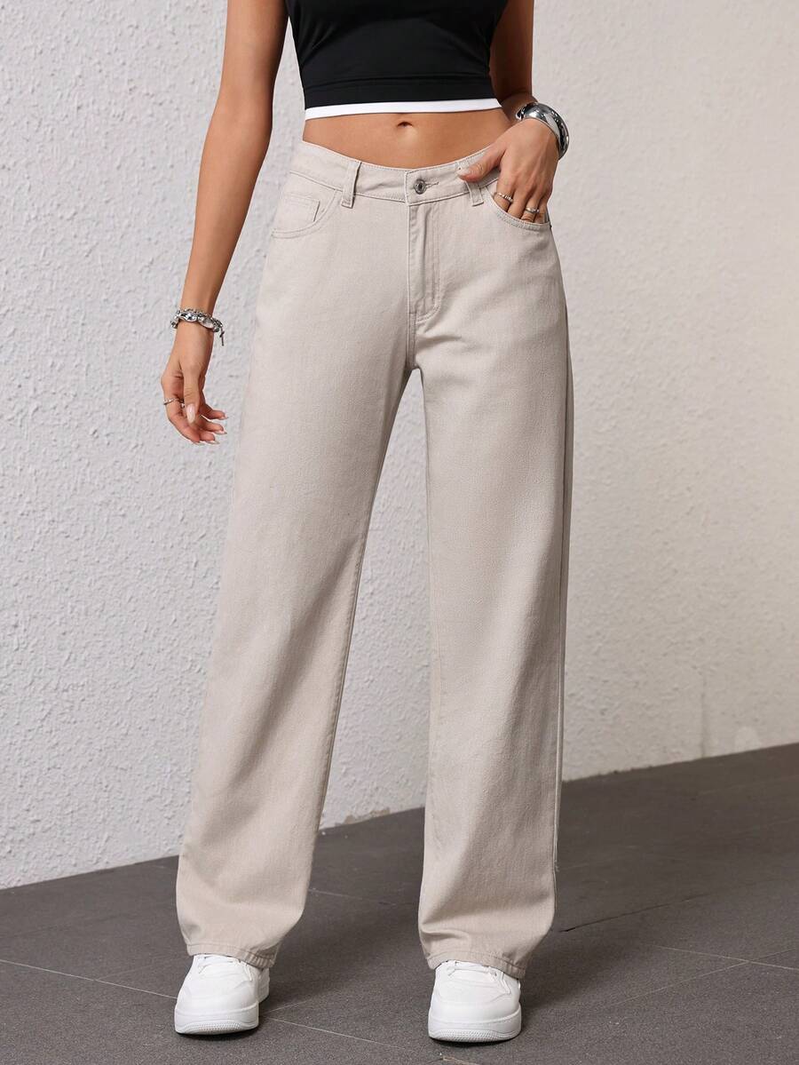SHEIN EZwear Women's Pocket Button Casual Versatile Daily Wear Wide Leg Jeans - Light Grey - View 1