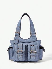 Viva Strut Ladies, Women Shoulder Bag, Hobo Bag ,Faux Leather, College ,School, Holiday ,Street Style ,Sports, Overnight, Dating ,Y2K, Punk, Motorcycle Style, Sweet, Cool, Street ,Sporty , Retro, Vintage, Belt  Multipocket - denim blue - View 2