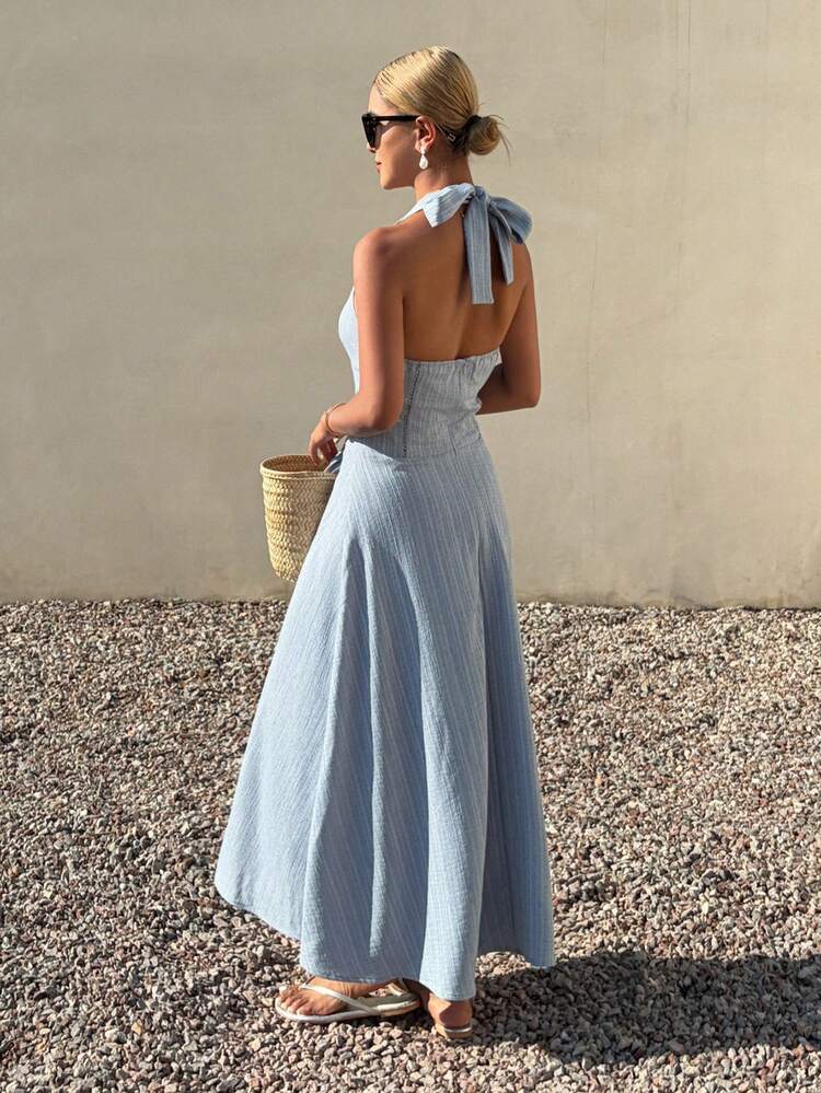 Women's Elegant Textured Lace Trim Bow Tie Halter Sleeveless Mid-Length Dress, Summer Sundress
