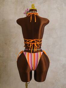 Swim Vcay Women's Orange And Pink Summer Boho Beach Holiday Outfit,Wavy Textured Knit Fabric,Spaghetti Strap Drawstring Beaded Swimwear Set,Camisole Bikini - Multicolor - View 6