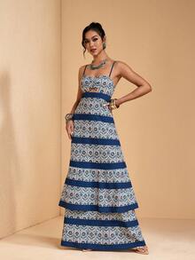 JIAN LASALA All-Over Print Spaghetti Strap Sleeveless Bustier Top Cutout A-Line Loose Women Maxi Dress Boho - Blue - View 4