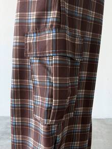 Manfinity Hypemode Men's Plaid Flap Pocket Drawstring Waist Cargo Pants - Coffee Brown - View 7