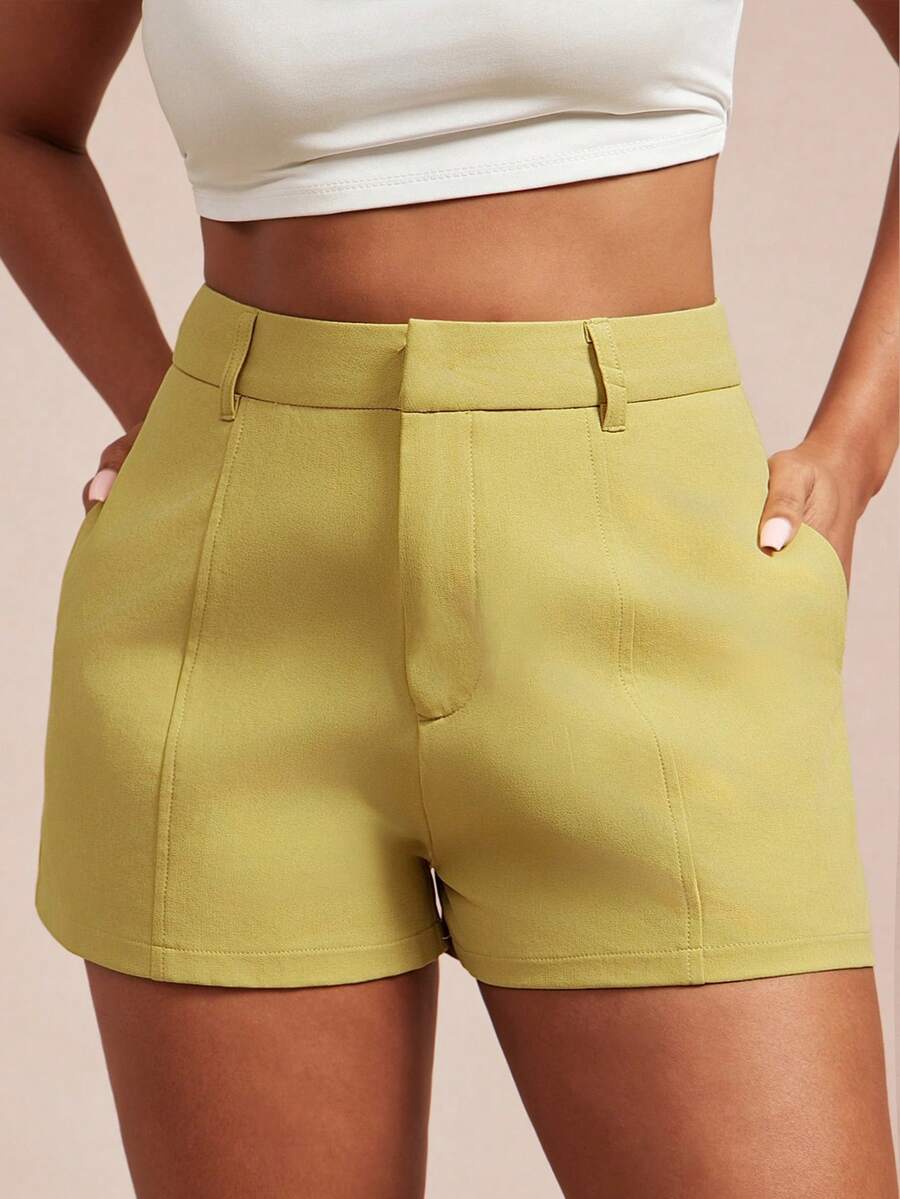 Vixey Low Stretch Woven High Waist Seam Detail Shorts - Yellow - View 1