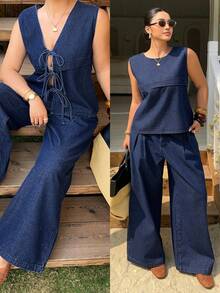 Dazy Plus Dark Washed Denim 2 Pieces Set, Backless Tie-Up Round Neck Sleeveless Denim Top And Loose Straight Leg Long Denim Pants, Spring/Summer - Dark Wash - View 4