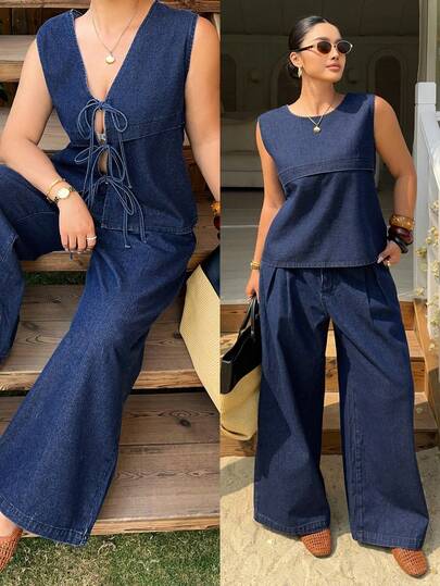 Dazy Plus Dark Washed Denim 2 Pieces Set, Backless Tie-Up Round Neck Sleeveless Denim Top And Loose Straight Leg Long Denim Pants, Spring/Summer