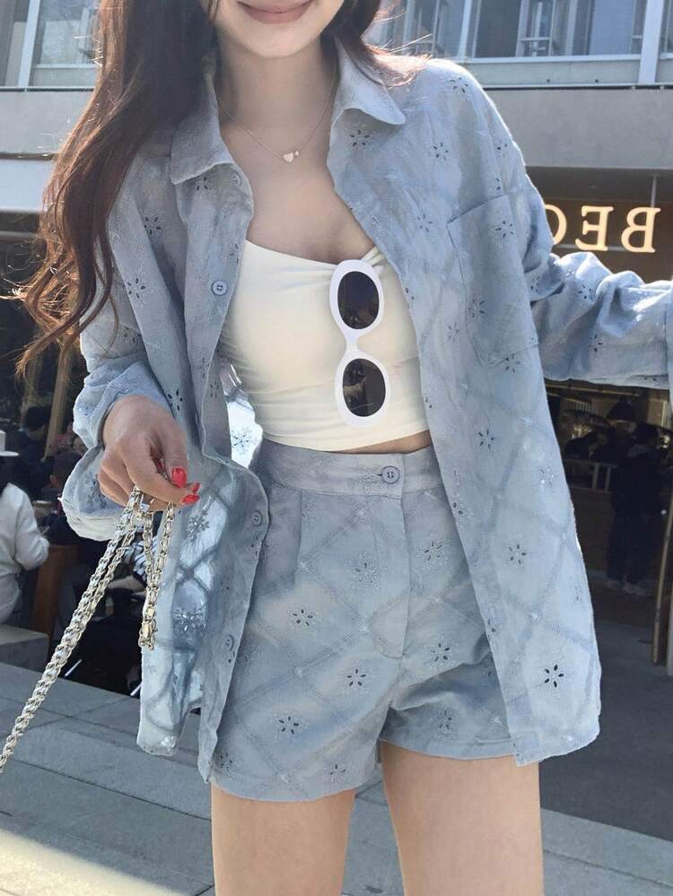 Women's Textured Korean Style Shirt And Shorts Set, Fresh And Youthful Summer