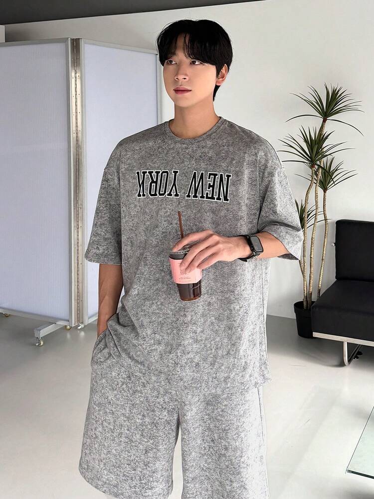 Men's Letter Print Washed Grey Floral T-Shirt And Shorts Set, Summer