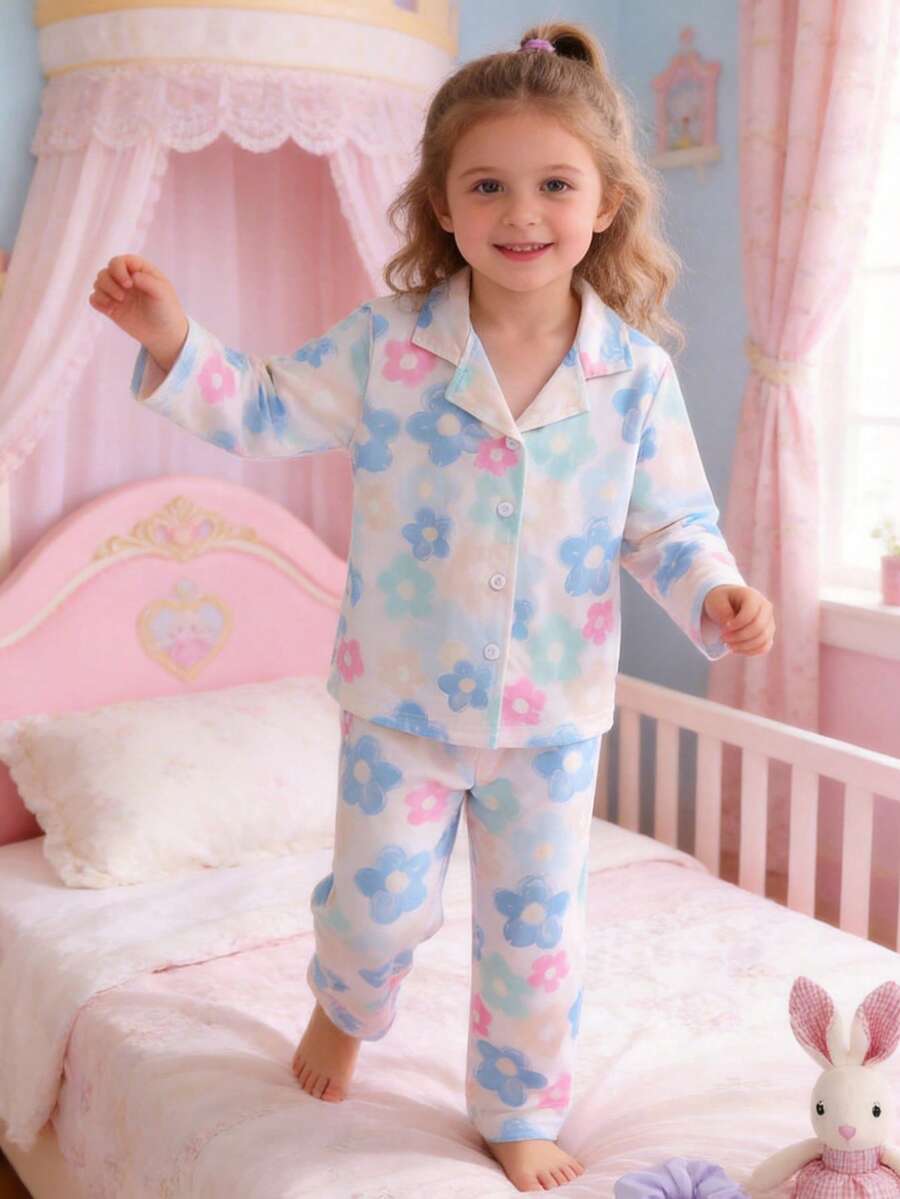 2pcs/Set Girls Casual Floral Print Long Sleeve Top And Pants Comfortable Homewear Set - Multicolor - View 1