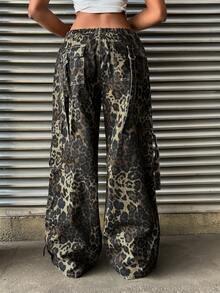 Rivivi Women's Leopard Print Pocket Button Casual Versatile Daily Wear Wide Leg Jeans - Multicolor - View 2