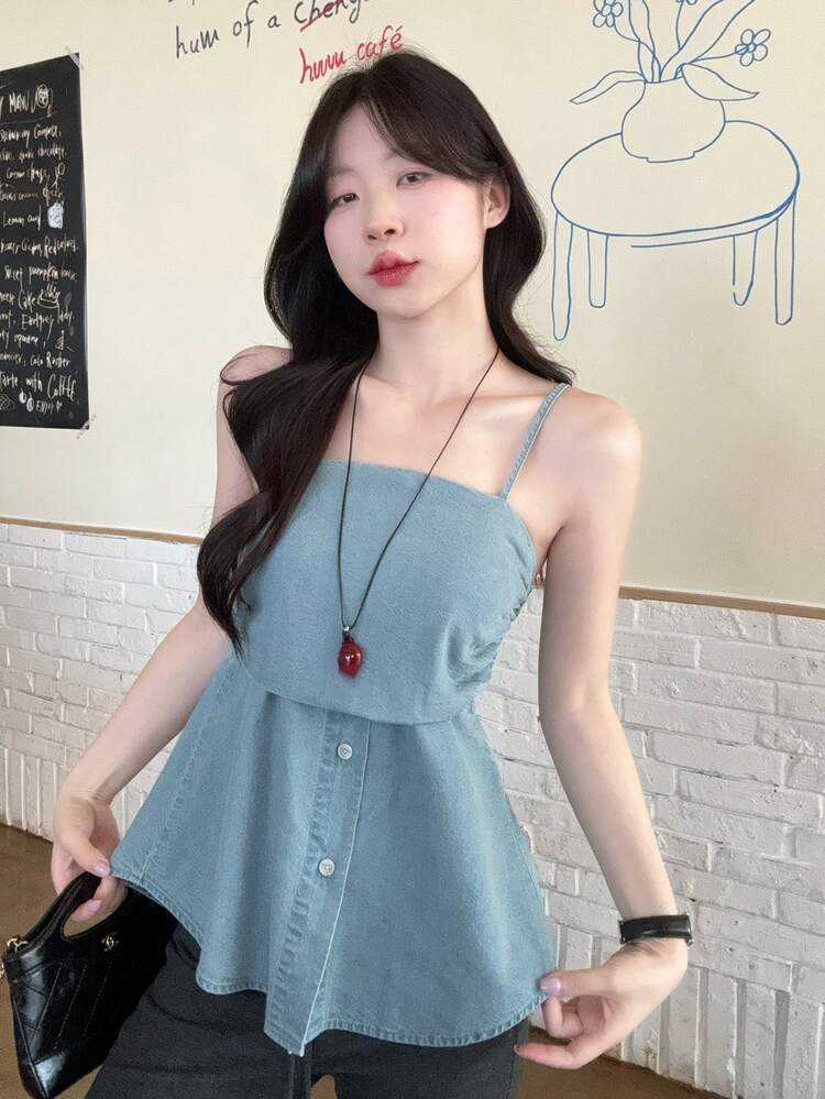 Women's Summer Waist Cinched Camisole, Casual Denim Blouse