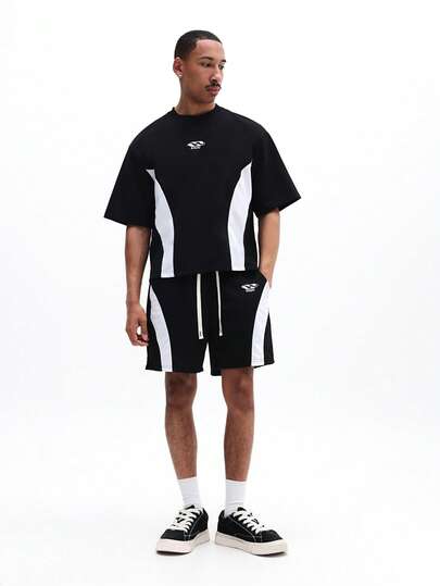 SUMWON 撞色拼接短袖T恤搭配抽绳短裤两件套，夏季运动休闲套装，家居服休闲街头风。