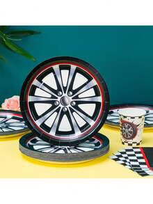 赛车轮毂图案一次性餐盘、餐巾纸和纸杯，汽车主题，适合派对使用，可供25位客人使用。一次性纸盘和餐具套装是生日、婚礼、派对和家庭野餐的理想之选。 - 彩色 - 查看 3