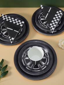 100-Piece Car Tire Party Tableware Set, Including 7/9-Inch Disposable Paper Plates, Car-Themed Party Decorative Paper Plates, Paper Cups, And Napkins, Disposable Paper Plates, Paper Cups, And Paper Towels, Car-Themed Party Supplies - Multicolor - View 4