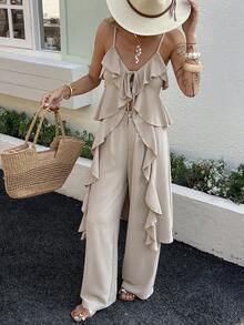 DAZY Women's Casual Ruffled Camisole Top And Pants Two Pieces Outfit, Suitable For Summer Vacation - Khaki - View 6