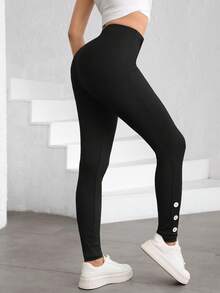 Modelyn Leggings casuales de corte slim con cintura elástica de punto negro para mujer - Negro - Ver 7