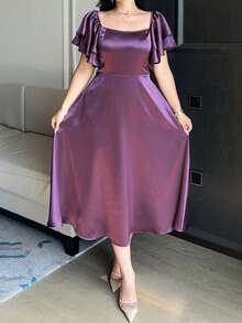 Dazy Plus 大码女式纯色褶皱腰身优雅荷叶袖鸡尾酒会连衣裙夏季 - 紫羅蘭色 - 查看 6