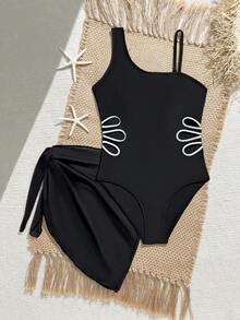 SHEIN Teen Girls One-Piece Swimsuit With Waist Hollow-Out Design & Triangular Scarf Cover-Up, Suitable For Summer Vacation & Beach - Black - View 4