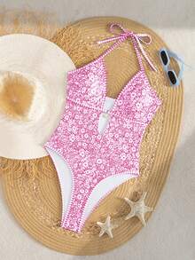 Swim Mod Bộ đồ bơi liền thân gợi cảm, cắt cao, họa tiết xanh trắng, dây mảnh, lưng khoét sâu, dành cho nữ, mùa hè 2026, kiểu dáng mới, thích hợp cho kỳ nghỉ biển. - Hồng - Xem 6