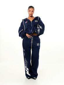 SUMWON WOMEN Navy Graphic Zip Up Hoodie With American Flag And Star Details For Casual Streetwear Fashion Fall Winter Outerwear - Navy Blue - View 7