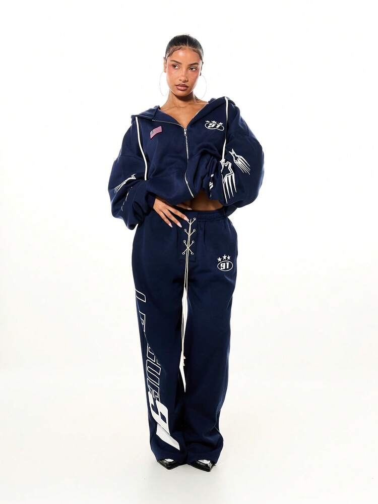 SUMWON WOMEN Navy Graphic Zip Up Hoodie With Star Details