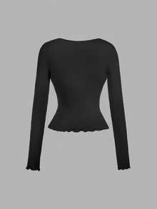 SHEIN MOD 女士优雅通勤撞色蕾丝拼接前扣二合一T恤 - 黑色 - 查看 2