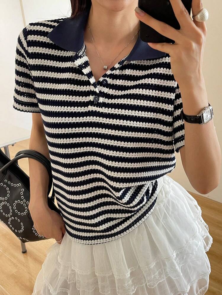 Women's Summer Polo Collar Colorblock Striped Patchwork Pullover Casual Elegant T-Shirt