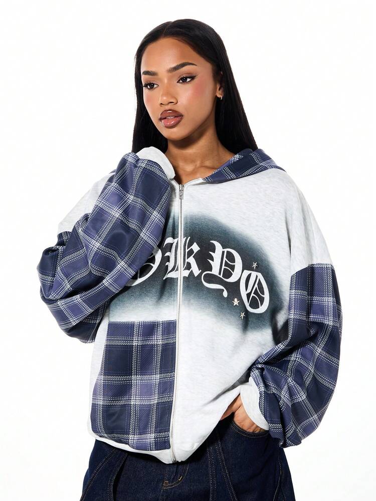 SUMWON WOMEN Spliced Plaid Zip Up Hoodie