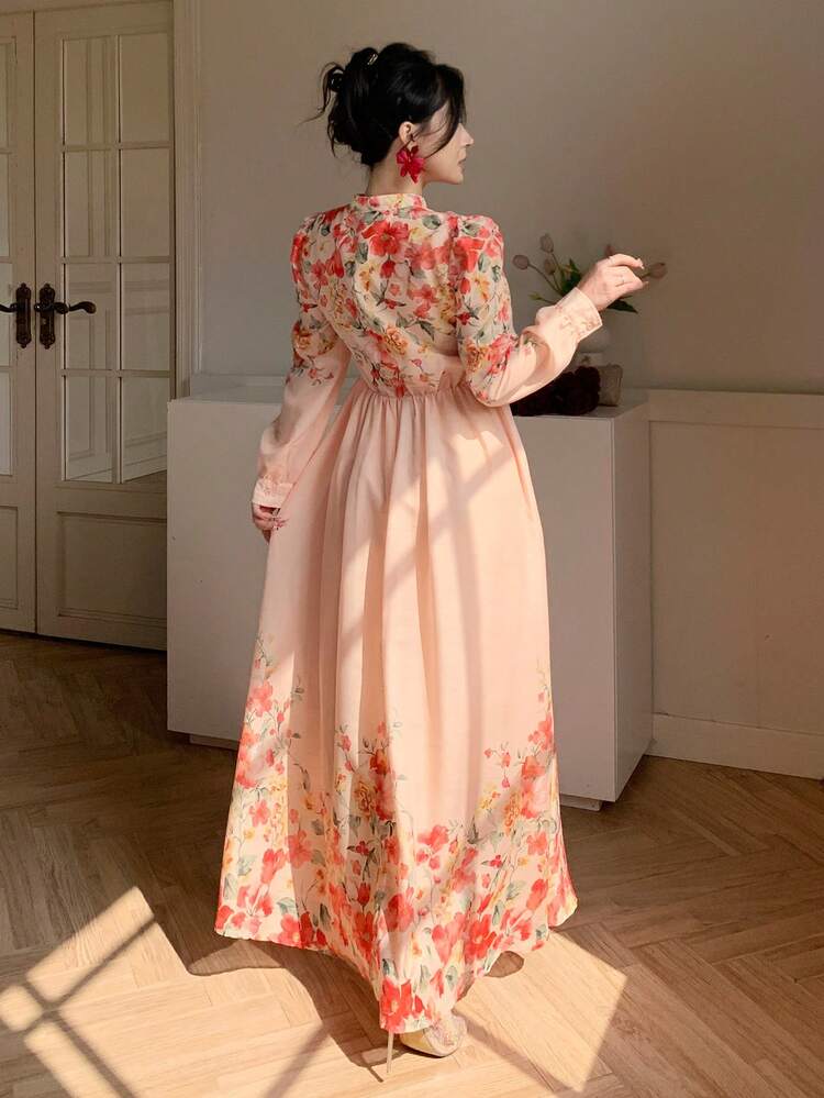 Women's Floral Print Pleated Elegant Waist Cinched Dress, Suitable For Dates And Parties Sundress