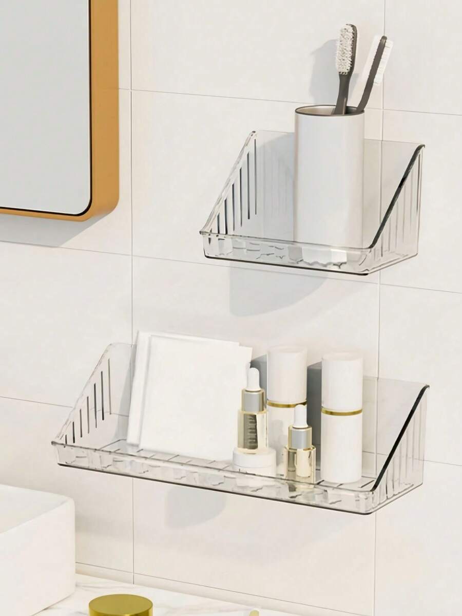 Organizator de perete fără burghiu, rafturi impermeabile, compartimente reglabile, baie, duș, depozitare cosmetice, dulap acrilic transparent, economizor de spațiu, capacitate de depozitare în greutate - clar - Vizualizare 1