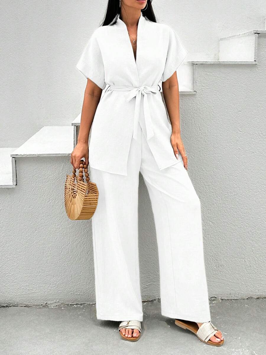 EURMUSE 2 件优雅纯色腰带短袖上衣和长裤套装 - 白色 - 查看 1