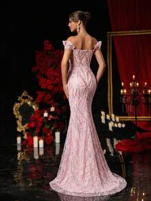 Glamrae 优雅紫色奢华串珠露肩新奇夸张领口收腰透视美人鱼正式晚礼服 - 藕粉色 - 查看 3