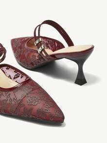 CUCCOO CHICEST 尖头高跟蕾丝新娘鞋，踝带性感街头风格假日高跟鞋，适合圣诞节和新年假期氛围秋冬 - 酒紅色 - 查看 5