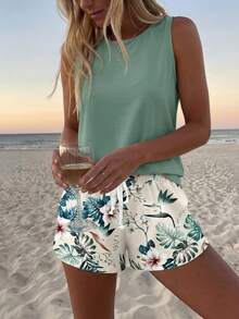 Sylviya 2 件套女士休闲圆领吊带背心和短裤套装，热带树叶印花，夏季女士 2 件套夏季服装适合外出 - 彩色 - 查看 4