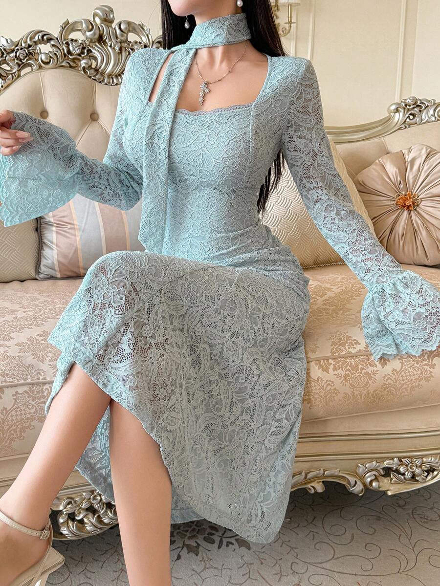 DAZY Women's Elegant Lace Square Collar Flare Sleeve Fishtail Midi Dress, Spring & Summer - Blue - View 1