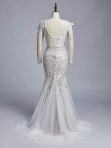 Glamrae Petite 优雅奢华的白色对比蕾丝细节透视长袖，经典法式透视蕾丝修身鱼尾婚纱，扇形下摆，网纱薄纱美人鱼款婚纱，带长拖尾。 - 白色 - 查看 9