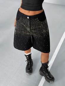 StreetHx Women's Pocketed Rhinestone Embellished Wide Leg Loose Bermuda Denim Shorts - Black - View 5