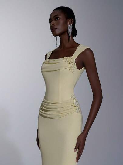 Elitara 优雅、浪漫、时尚、端庄的黄色弹力网纱贴花装饰抹胸美人鱼裙摆正式派对礼服、婚礼宾客礼服、单身派对礼服、正式晚宴礼服