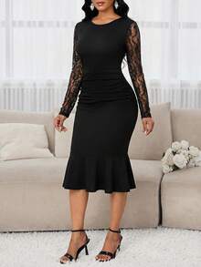 SHEIN Lady Đầm dài tay cổ tròn phối ren tương phản, dáng đuôi cá, thanh lịch dành cho nữ. - màu đen - Xem 6