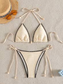 Swim Mod Bộ bikini buộc dây phía trước phối màu tương phản, thích hợp cho kỳ nghỉ biển. - Màu be - Xem 6