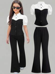 Girlism Bộ đồ thun cho bé gái tuổi teen, set 2 món phong cách thường ngày đi làm, áo tay phồng và quần ống loe dễ thương, áo và quần phối màu đen trắng. - Đen và trắng - Xem 1