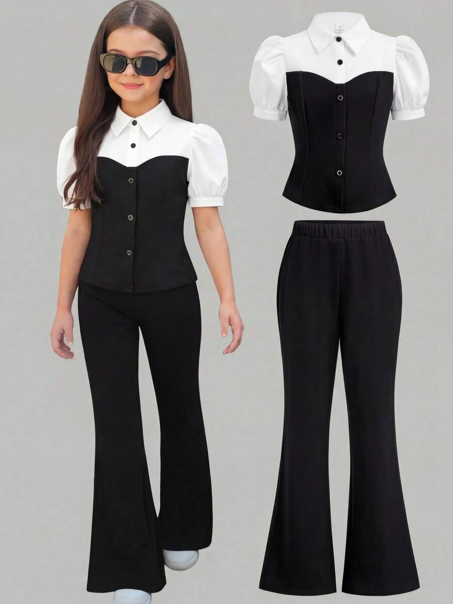 Girlism Bộ đồ thun cho bé gái tuổi teen, set 2 món phong cách thường ngày đi làm, áo tay phồng và quần ống loe dễ thương, áo và quần phối màu đen trắng. - Đen và trắng - Xem 1