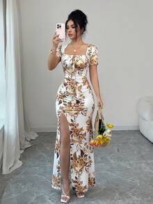 Rafferiza Women's Summer Short Sleeve Dress, Digital Printed Vacation Dress, Beach Holiday Dress With Slit Hem, Waist Ruched Long Dress - Yellow - View 1