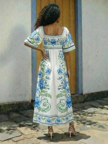 CAJUNI 女士方领碎花休闲收腰连衣裙，适合约会和派对 - 藍色 - 查看 2