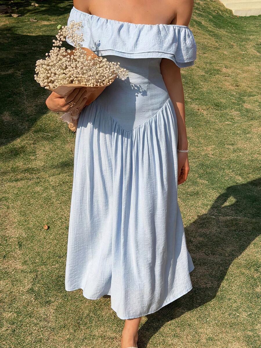 Livesso Vestido midi elegante de hombros descubiertos con volantes para fiestas, vacaciones, bodas y eventos, vestido de verano - Azul - Ver 1