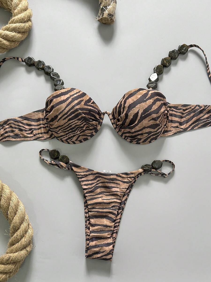 Swim Chiccia 女士春夏豹纹随机串珠细肩带比基尼套装 - 彩色 - 查看 1