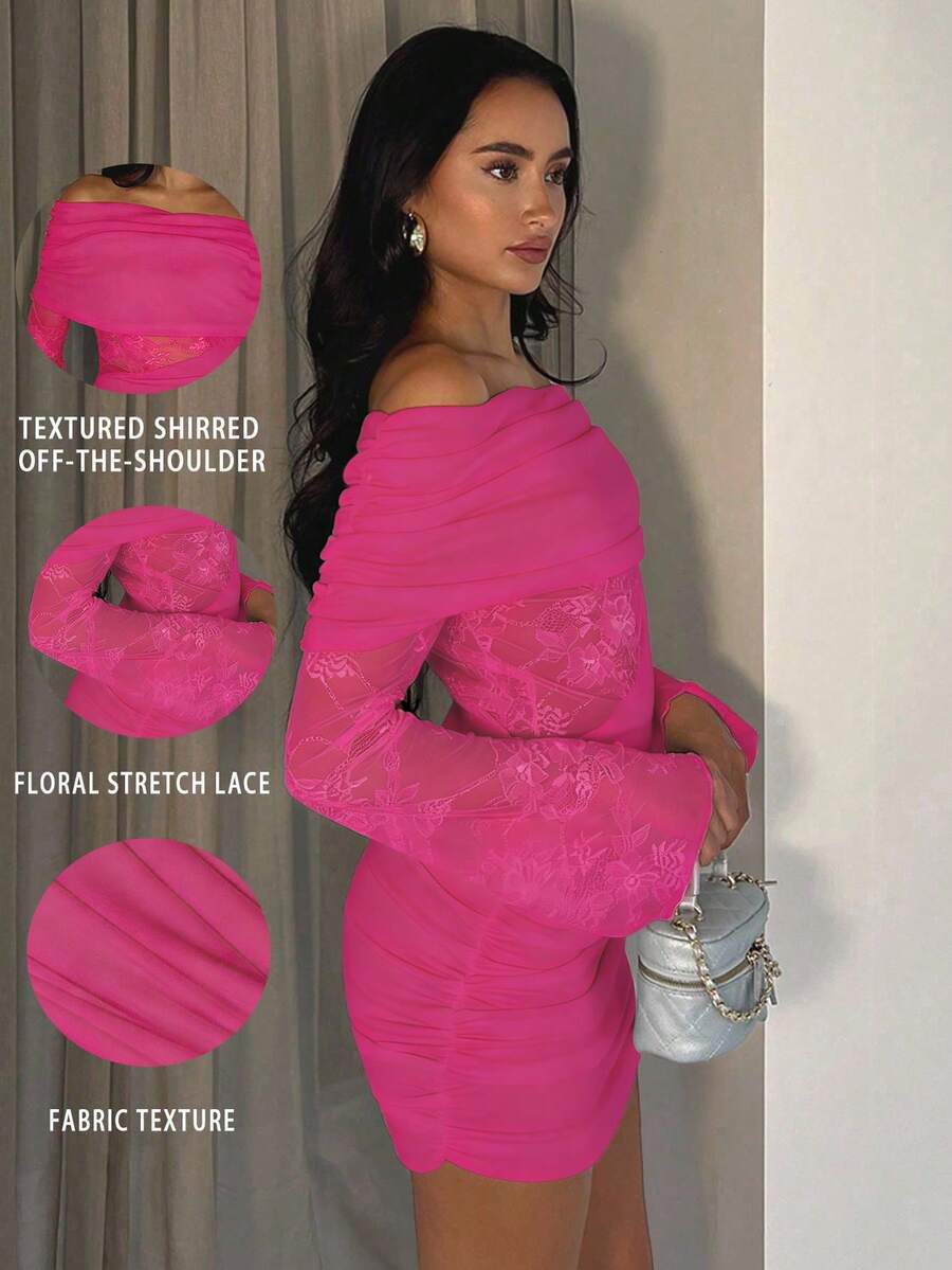 Glamine 女士性感露肩小黑裙,蕾丝镂空长袖设计,褶皱修身鸡尾酒会礼服 - 玫紅色 - 查看 1