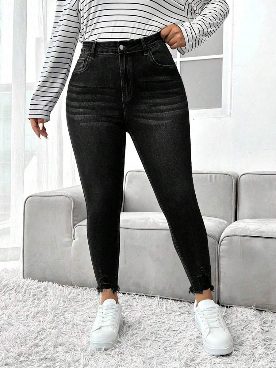 SHEIN ICON Quần jean skinny dáng rộng thoải mái dành cho nữ cỡ lớn - màu đen - Xem 1