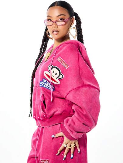 SUMWON X PAUL FRANK SUMWON WOMEN Women's Oversized Character Applique Badge Hooded Sweatshirt With Drawstring Hood And Centre Pocket For Casual Fall Winter Wear