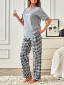 SHEIN "CozyHome" Graphic, Embroidery Jersey Tee And Classic Check Flannel Drawstring Pajama Set - Grey - View 4
